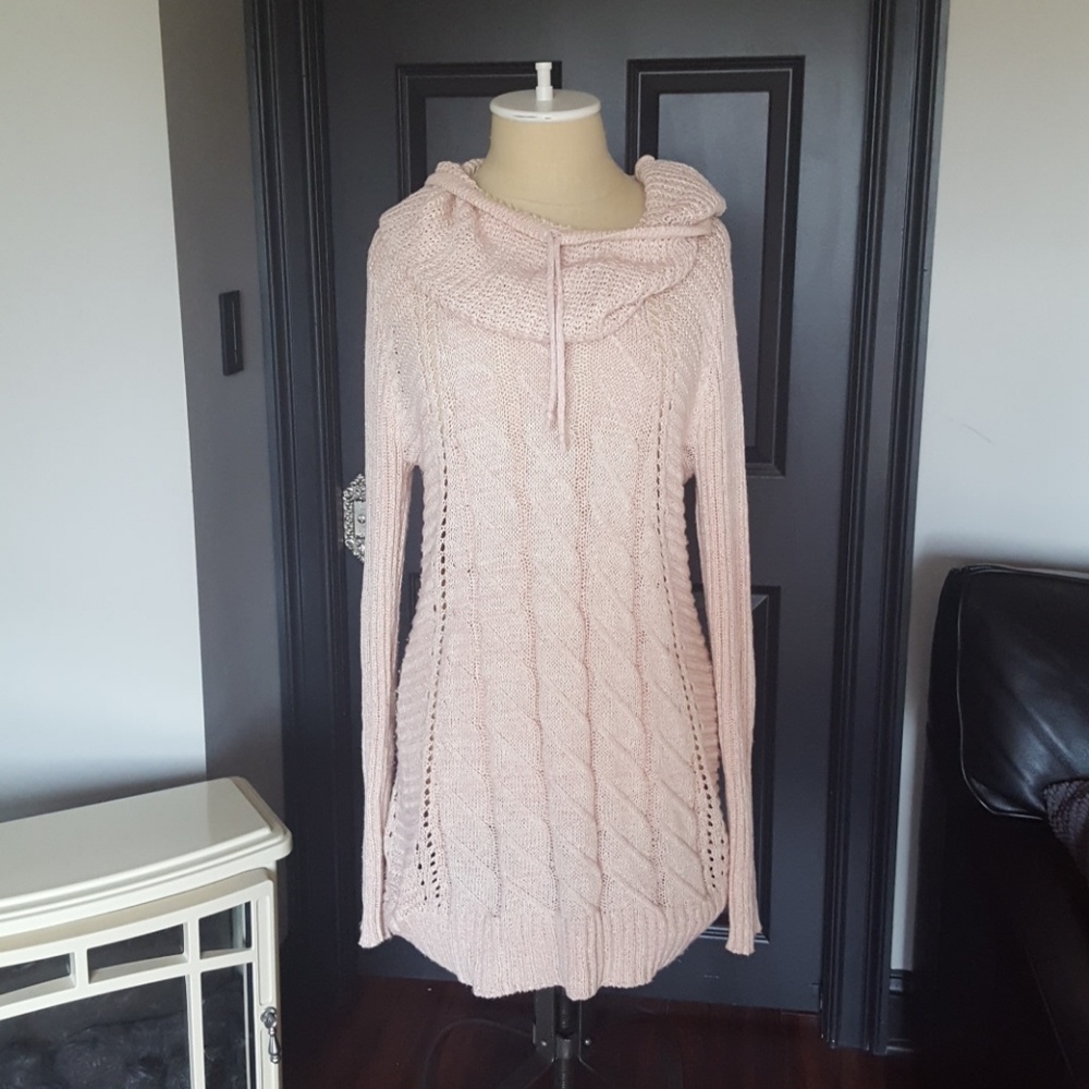 Long Light Pink Cowl Neck Tunic Knit Sweater